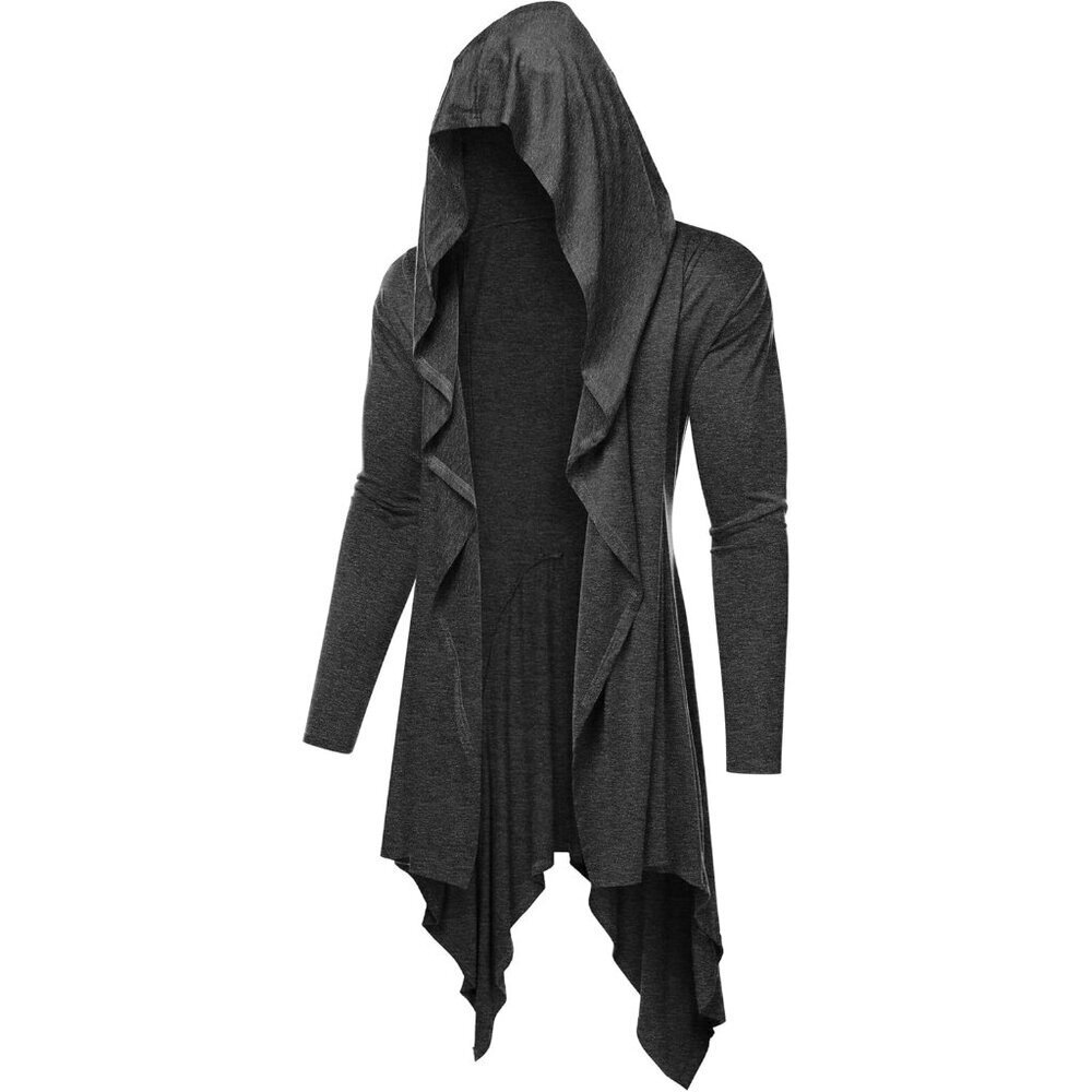 Men's Dark Grey Long Hooded Cardigan Ruffle Shawl Collar Lightweight Overcoat